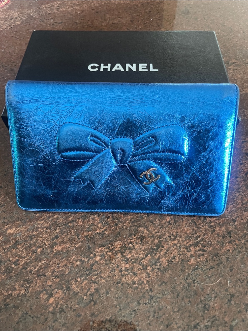 CHANEL Metallic Blue Bow Convertible  wallet/ Clutch